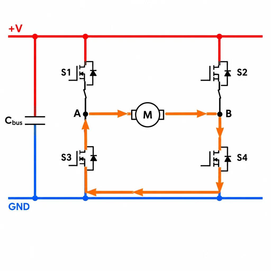 A corrente recircula somente pelo trilho inferior, sem passar pelo capacitor.