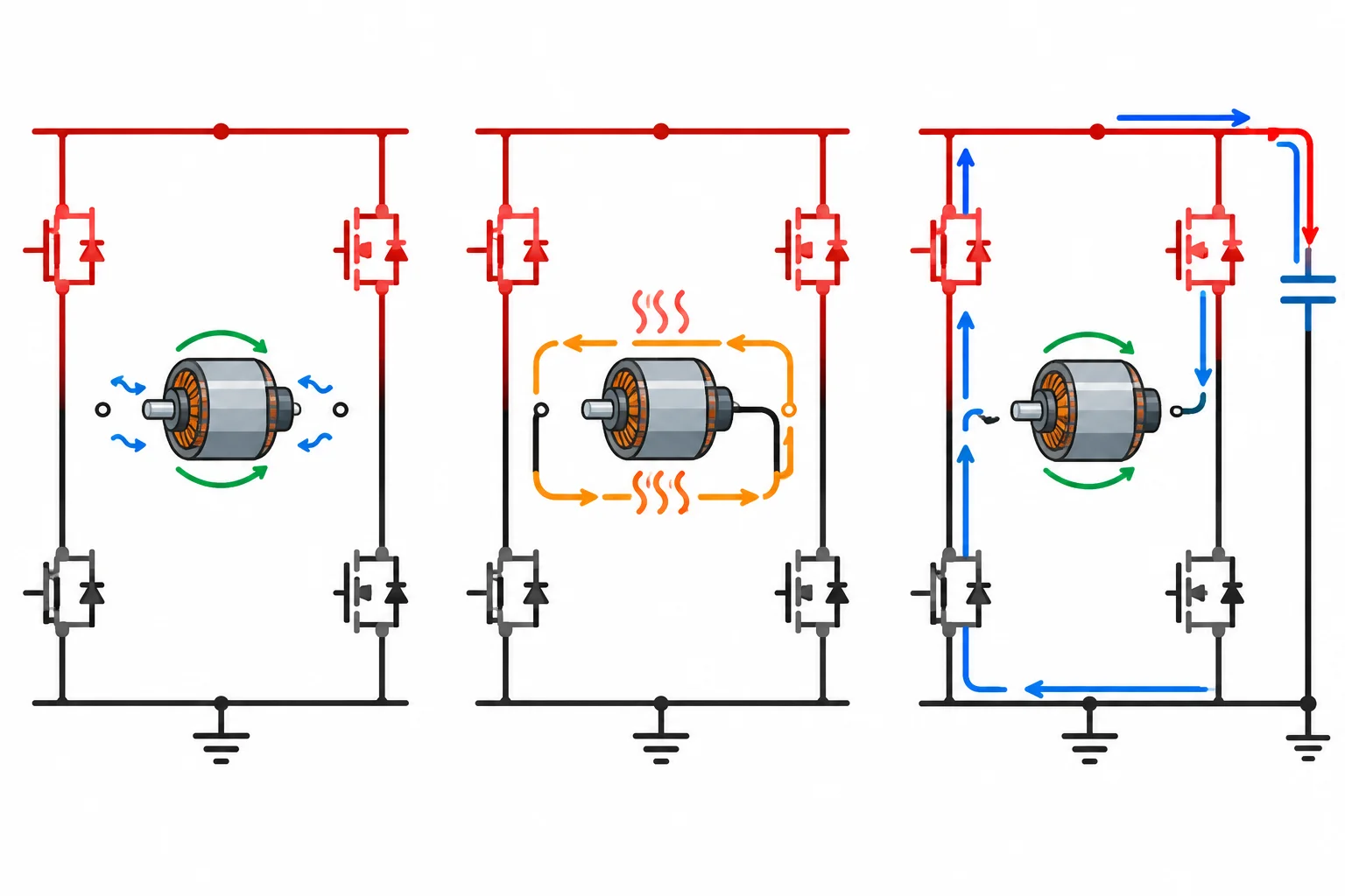 Comparação visual entre motor em parada livre, motor com terminais unidos dissipando energia e motor devolvendo energia ao barramento.