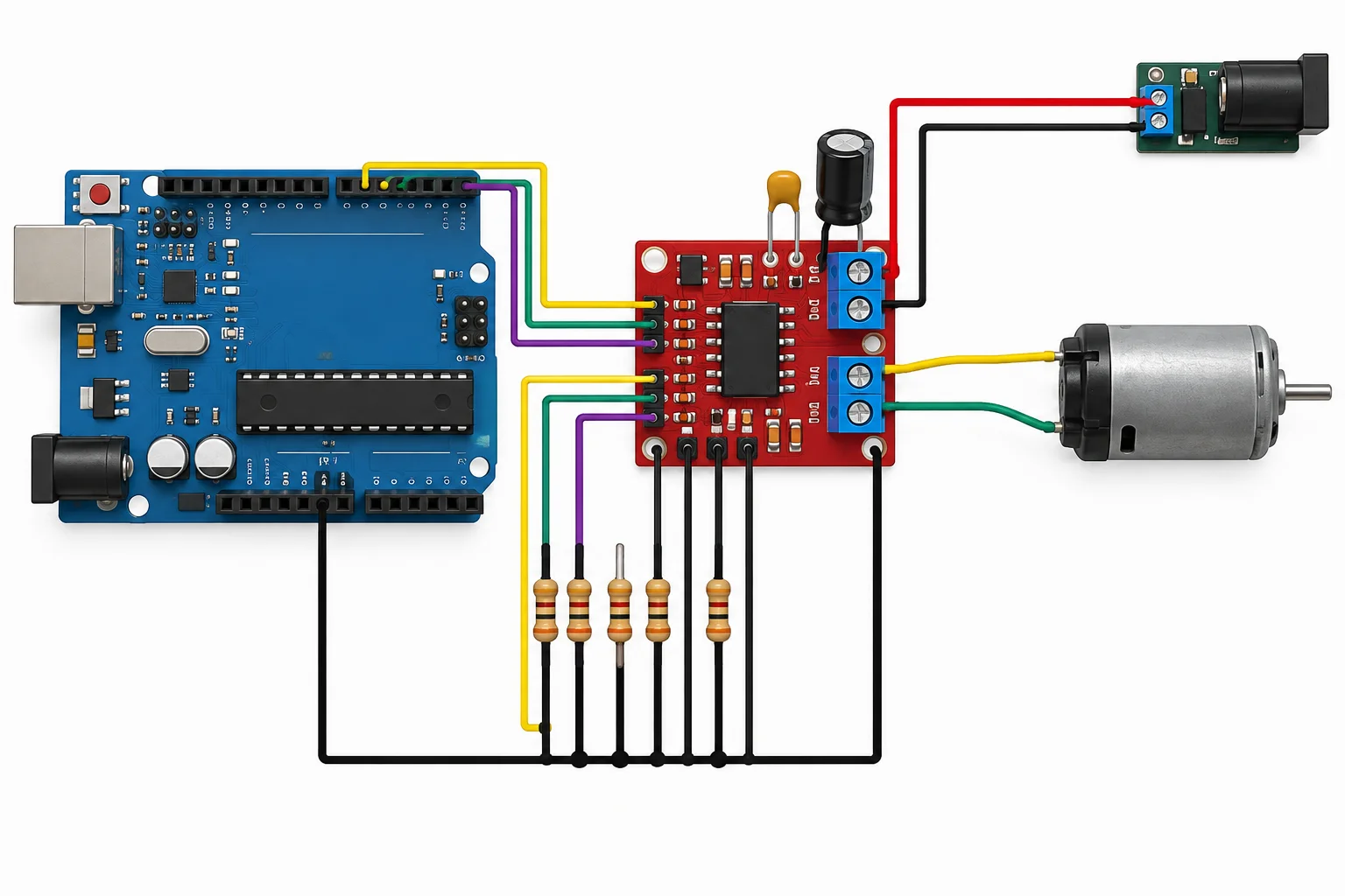 Diagrama do Uno ligado ao módulo DRV8833 por três sinais, com fonte de potência de 5 V separada, terra comum, motor no canal A, pull-downs nas entradas e capacitores junto à alimentação.