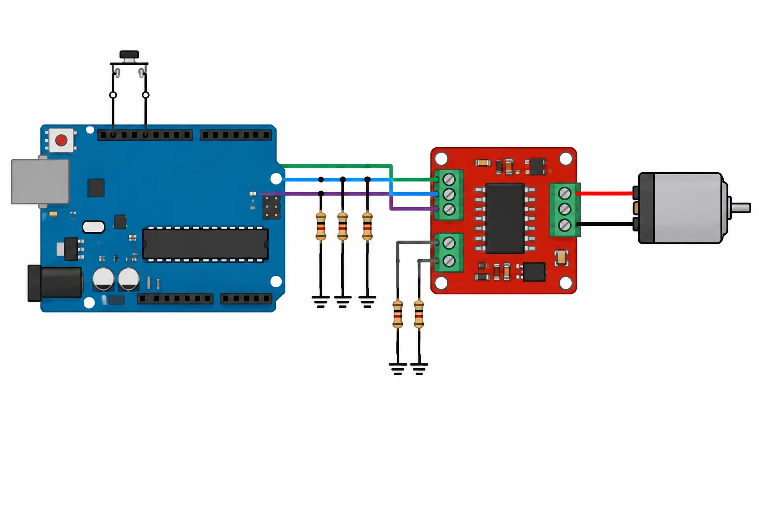 Diagrama mostrando AIN1, AIN2 e nSLEEP mantidos em nível baixo por resistores de pull-down durante o reset do Uno, com o motor parado.