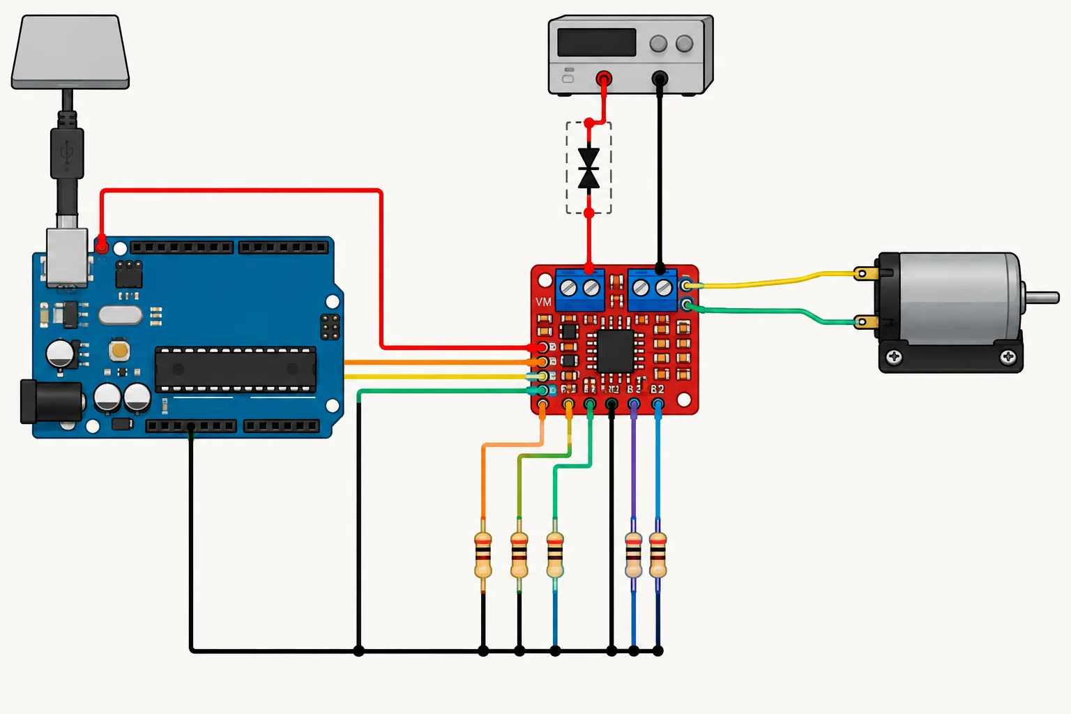 Diagrama da referência com Uno alimentado separadamente, fonte isolada de 5 V no driver, terra comum, motor na saída A, pull-downs e um caminho de alimentação apto a lidar com energia devolvida.
