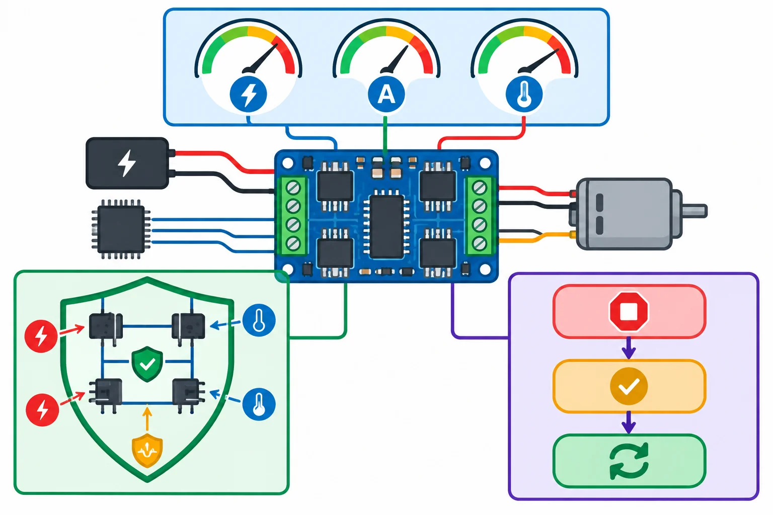 Diagrama de uma ponte H conectada a motor, fonte e microcontrolador, cercada por indicadores de limites elétricos, proteção interna e sequência de firmware.