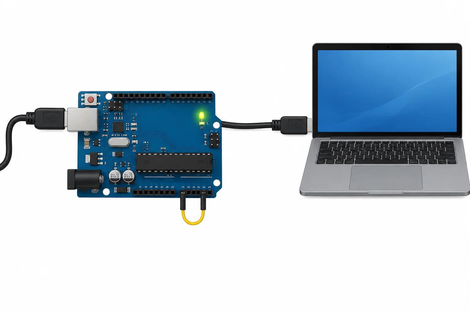Diagrama de um Uno ligado somente ao computador por USB, com A0 conectado ao GND e uso do LED integrado.