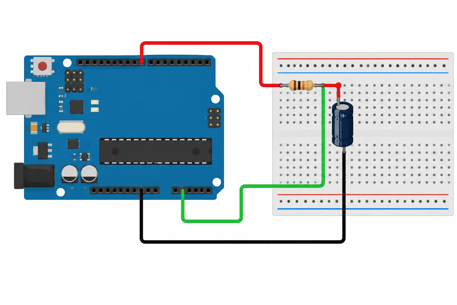 Diagrama da ligação entre pino 3, resistor de 10 kΩ, nó do capacitor, A0 e GND comum.