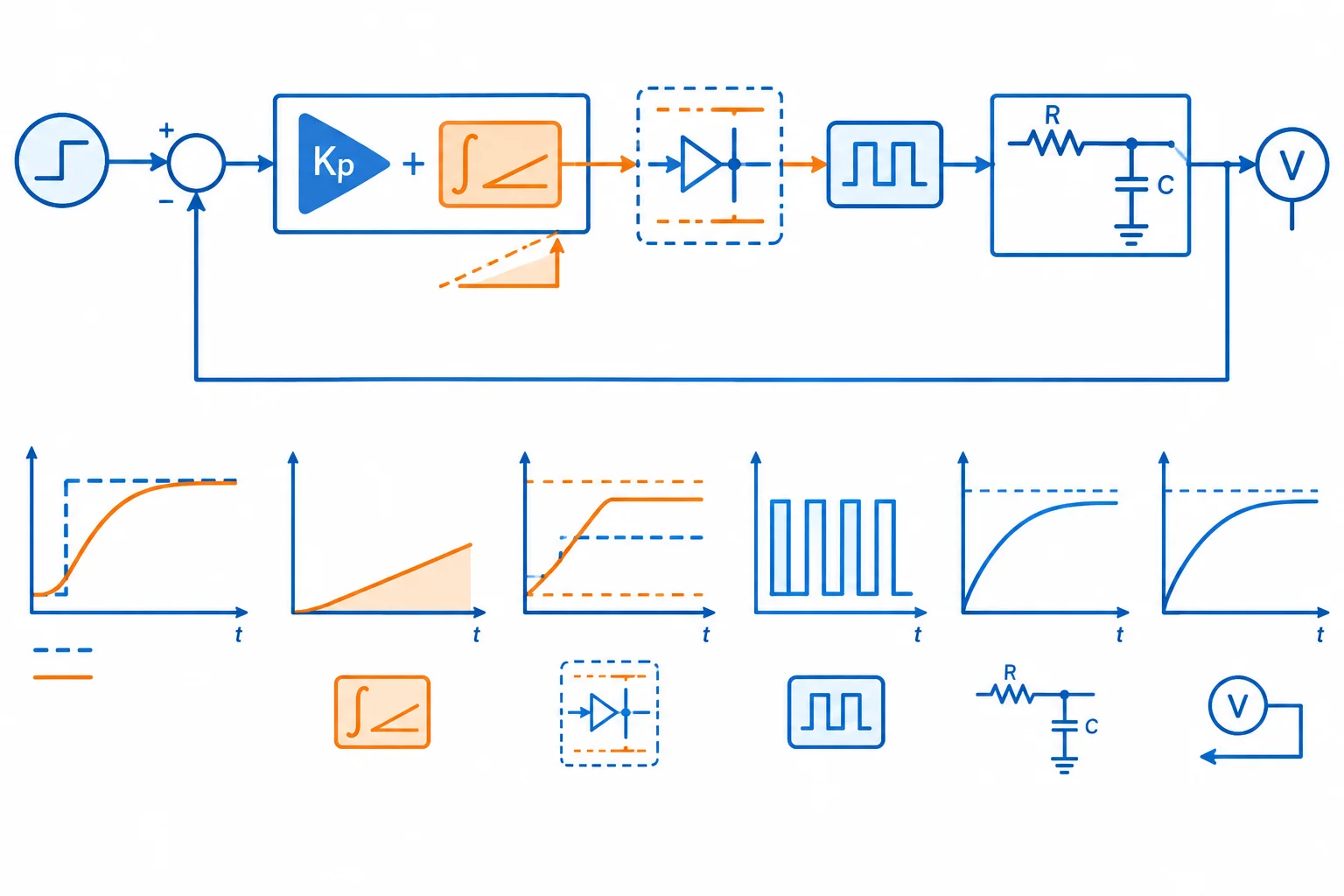 Diagrama de uma malha de controle RC em que Kp permanece fixo, a parcela integral cresce gradualmente e o anti-windup atua junto aos limites do comando.