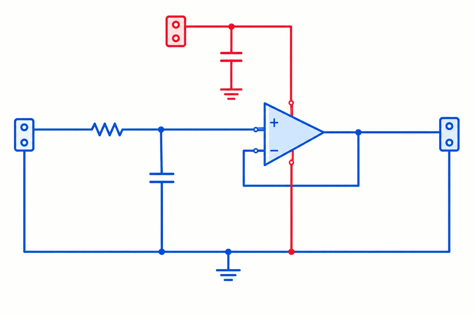 Diagrama funcional com entrada, resistor, capacitor de filtro, amplificador operacional como seguidor, saída, conector de alimentação e capacitor de desacoplamento.