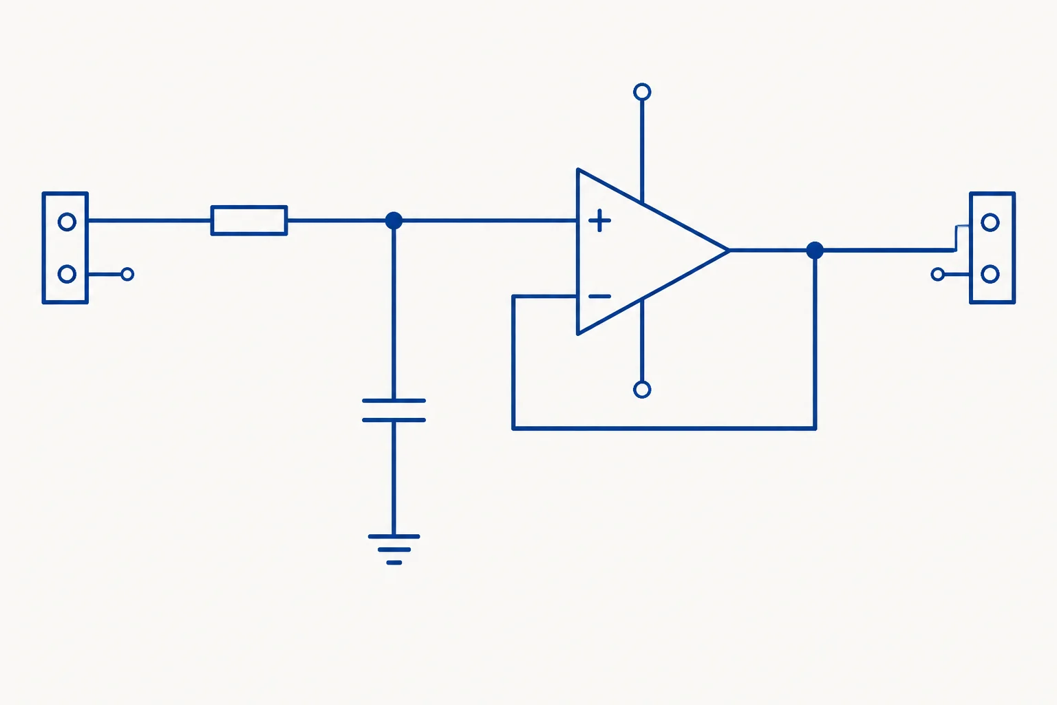 Diagrama de entrada, resistor, nó do filtro, amplificador em seguidor e conector de saída, com pontos de junção nas ramificações.