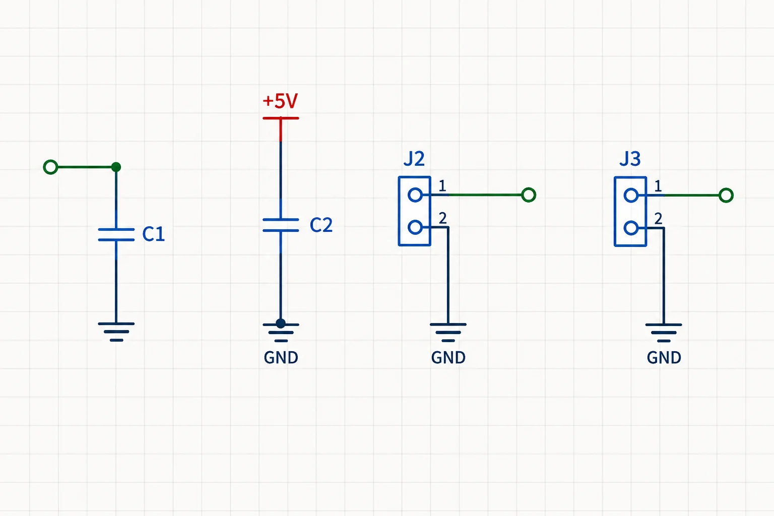 Quatro trechos esquemáticos: C1 para GND, C2 entre +5V e GND, J2 com retorno em GND e J3 com retorno em GND.