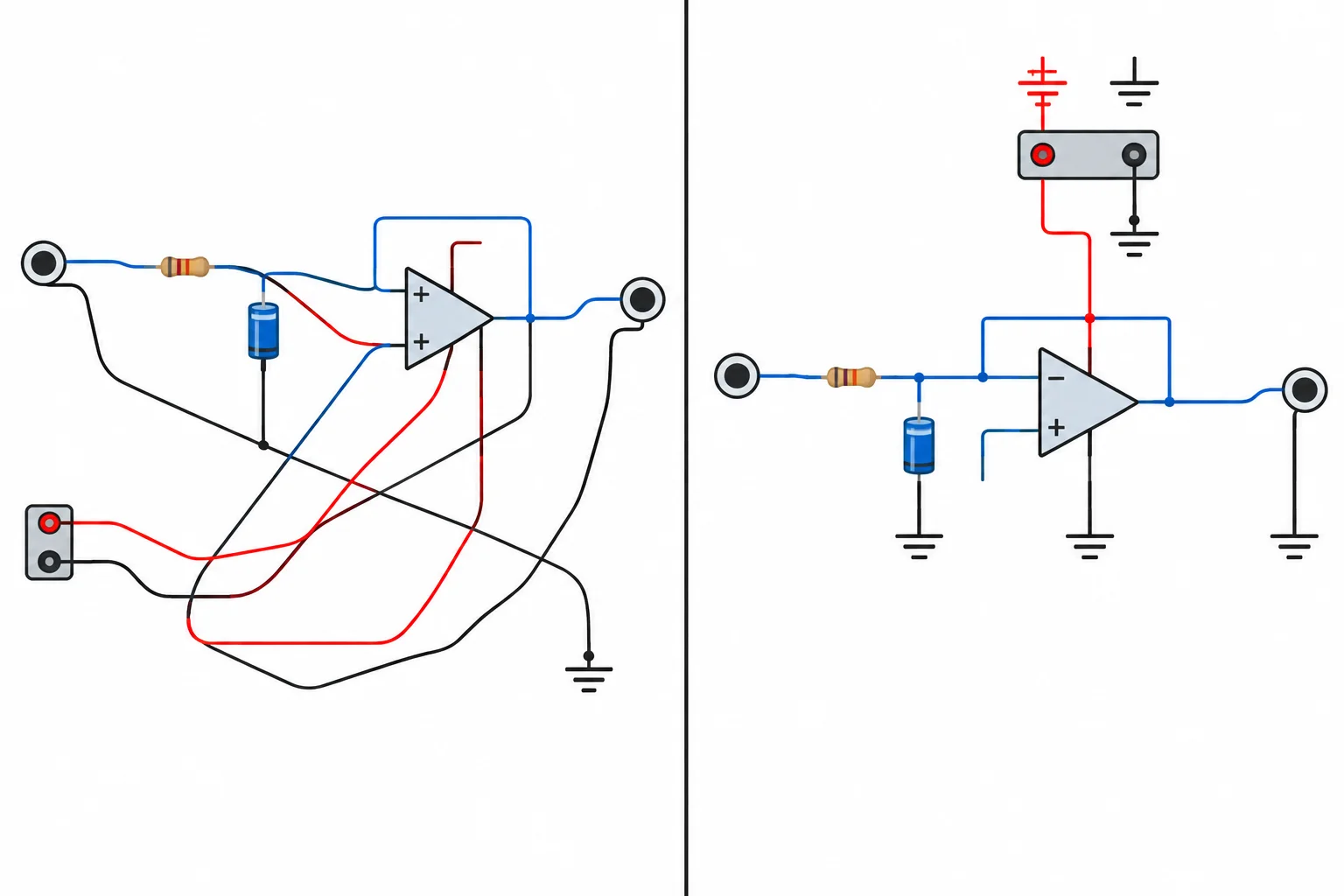 Comparação entre um esquemático desorganizado, com fios cruzados e campos sobrepostos, e o mesmo circuito organizado por blocos e fluxo de sinal.