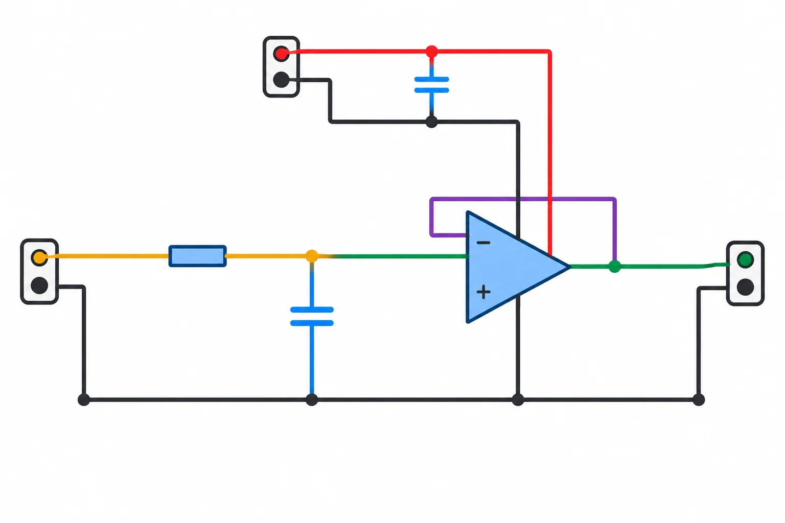 Diagrama de revisão: entrada, resistor, nó com capacitor, seguidor de tensão e saída; acima, alimentação de 5 V com capacitor de desacoplamento.