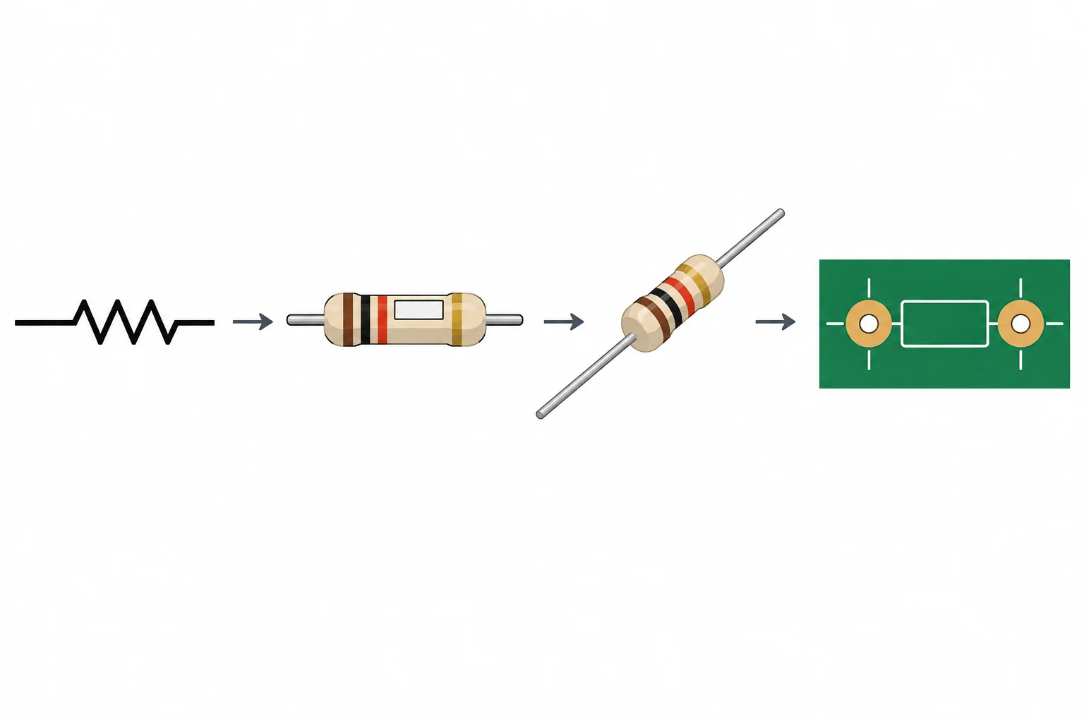 Diagrama que liga um símbolo de resistor à peça comercial, ao encapsulamento axial e ao footprint de dois pads.