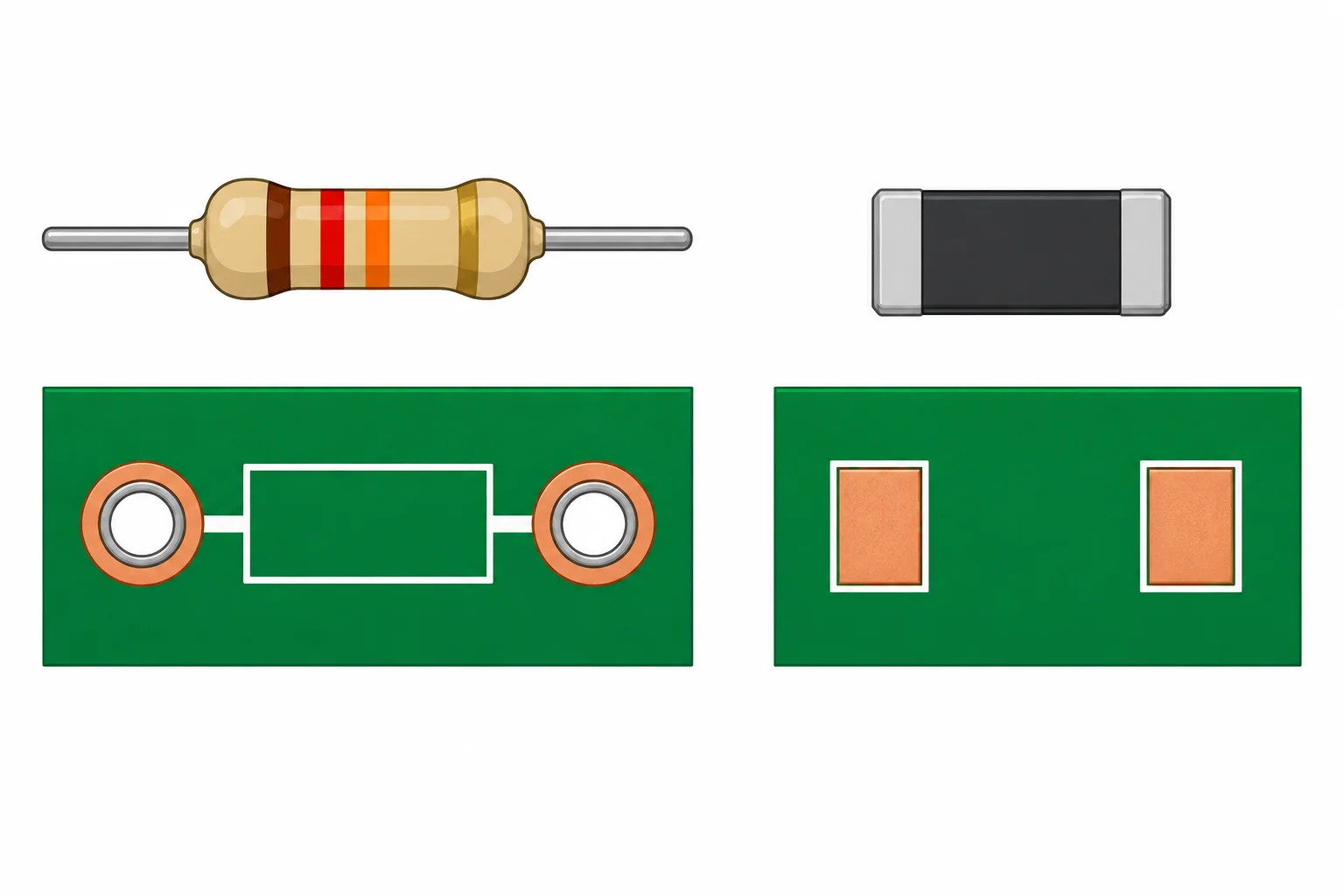 Comparação vista de cima entre um resistor axial passante em dois furos metalizados e um resistor chip SMD sobre dois pads superficiais.