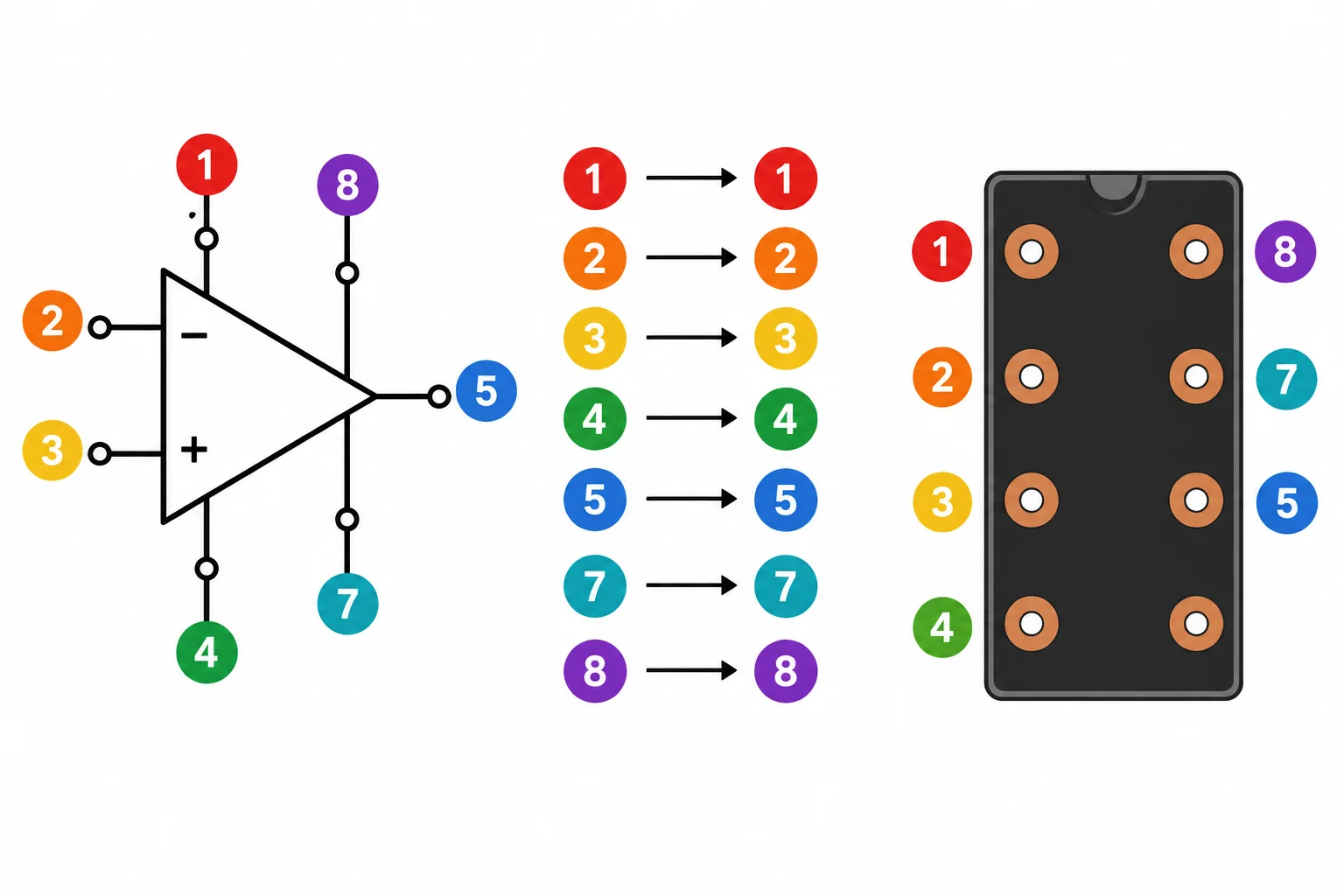 Diagrama que conecta os números dos pinos de um símbolo aos pads com os mesmos números em um footprint DIP de oito terminais.