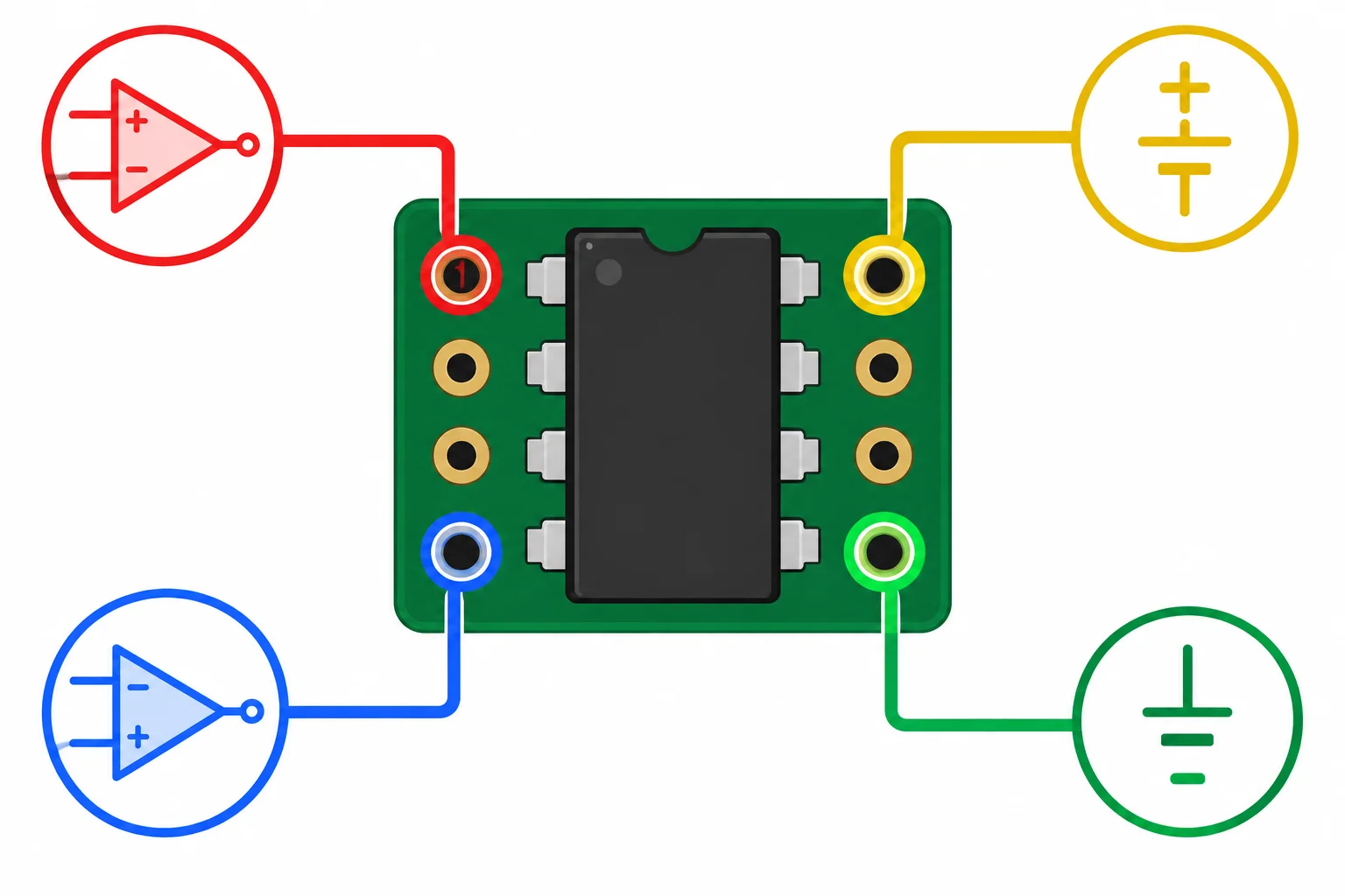 Footprint PDIP-8 com pads 1, 4, 5 e 8 destacados e conectados visualmente a funções de sinal e alimentação.