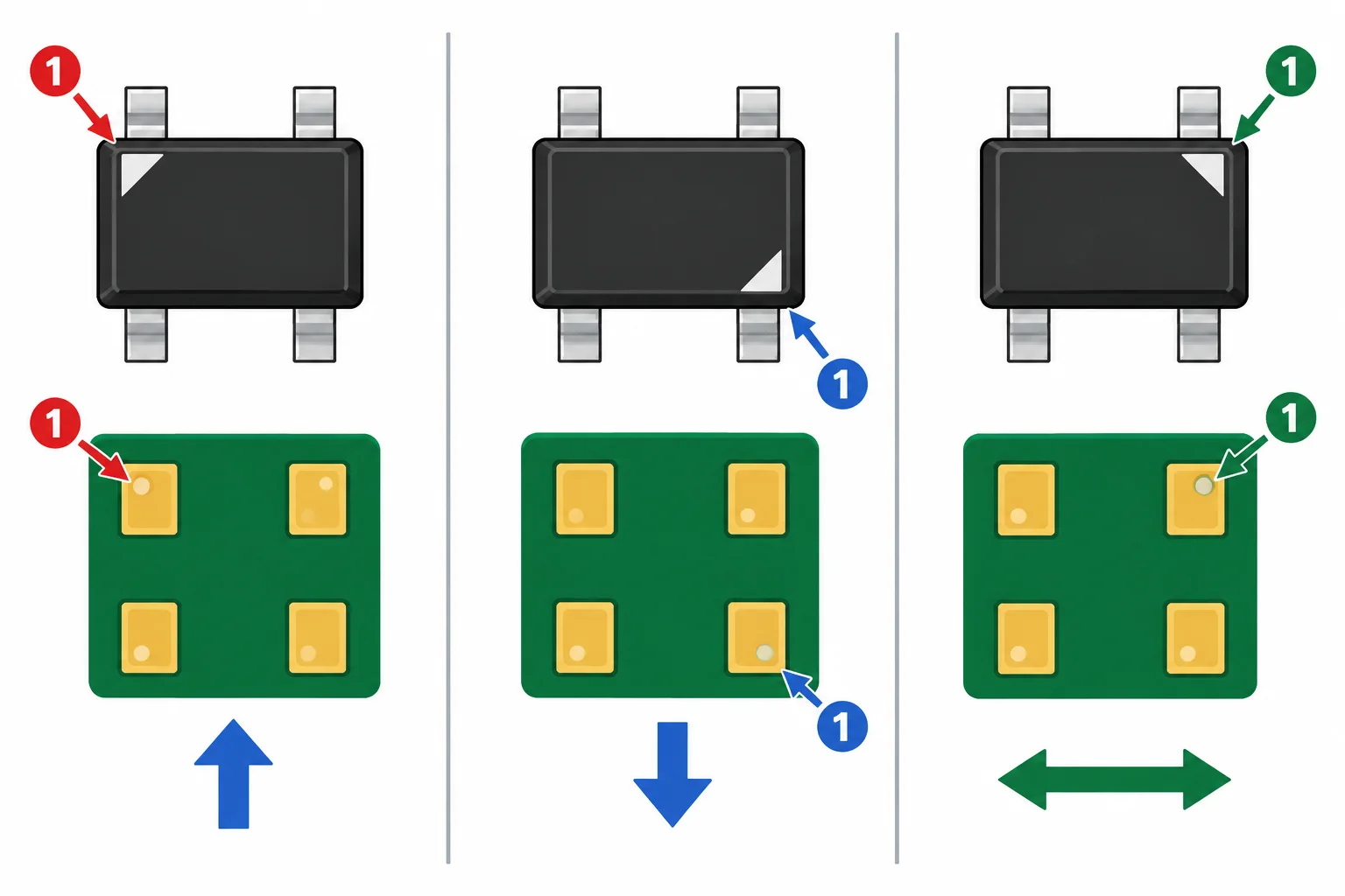Três comparações de um componente de quatro terminais: vista superior original, a mesma vista rotacionada e uma imagem espelhada com a ordem lateral invertida.