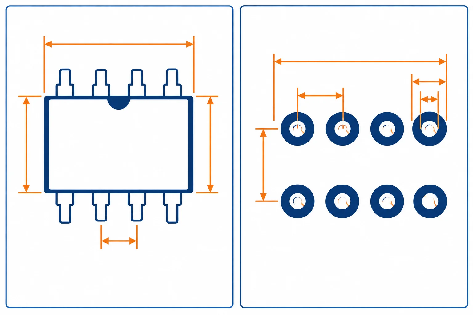Comparação entre um encapsulamento DIP de oito terminais com cotas físicas e um footprint com pads e furos.
