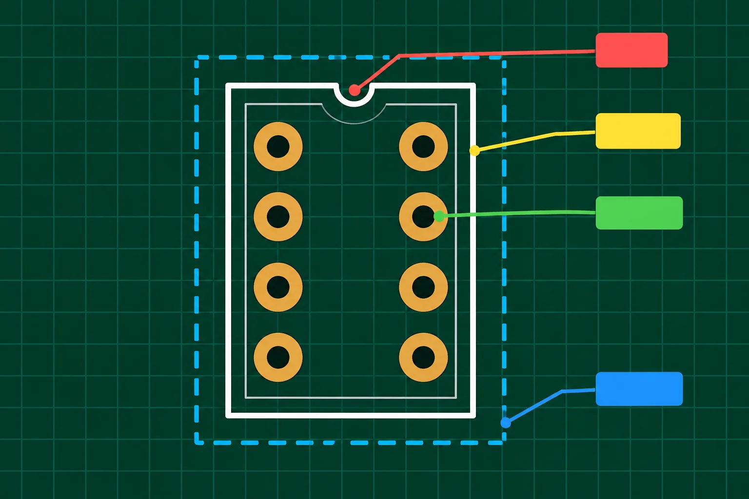 Diagrama de um footprint DIP-8 com pads, contorno de fabricação, serigrafia e courtyard em cores diferentes.