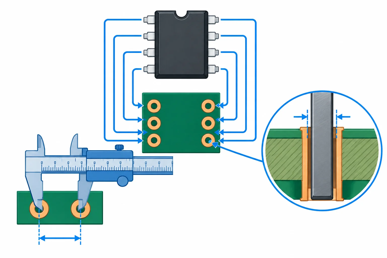 Diagrama de um CI DIP-8, seu footprint e uma seção de terminal dentro de um furo, destacando numeração, orientação, passo e folga.