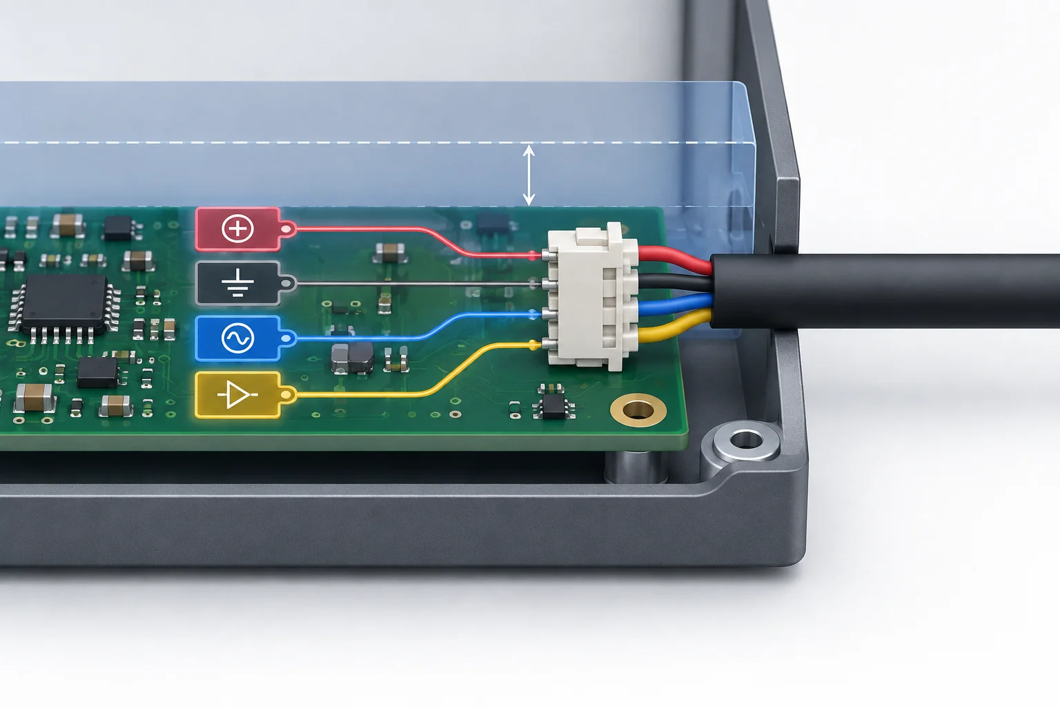 Placa de interface com conector de quatro vias na borda e cabo saindo lateralmente, paralelo à placa, sob uma região de altura limitada.
