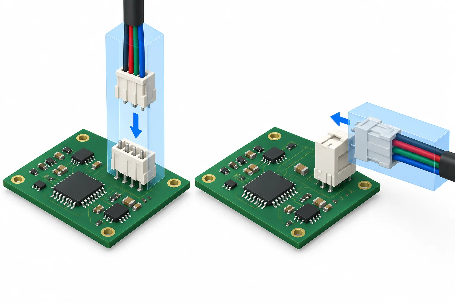 Comparação entre conector vertical, com cabo acima da placa, e conector lateral com trava, com cabo paralelo à borda da placa.