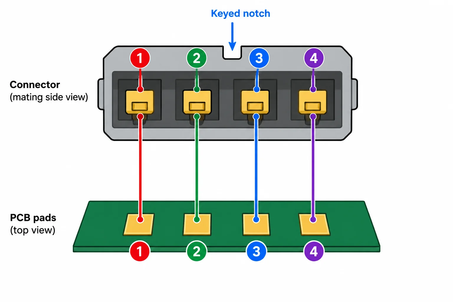 Conector de quatro contatos visto pelo lado de encaixe, com recorte no alto e contatos numerados de 1 a 4 da esquerda para a direita; cada contato se relaciona ao pad de mesmo número.