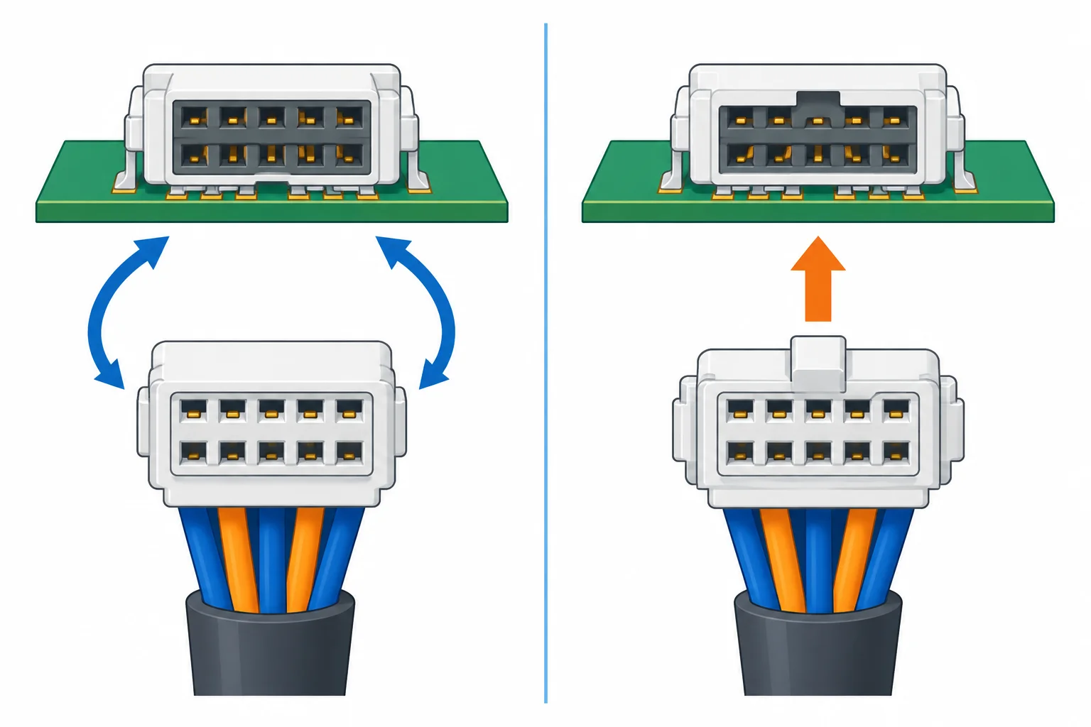 Comparação entre conector sem chave, que admite duas orientações aparentes, e conector polarizado, com entalhe e única orientação de encaixe.