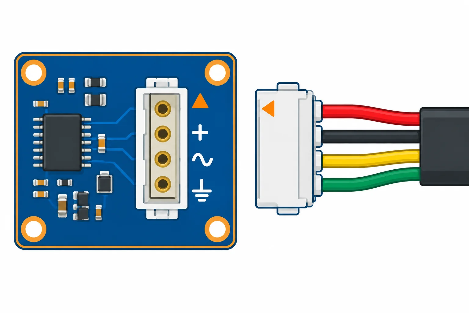 Conector polarizado de quatro contatos com símbolos visuais para alimentação, referência, sinal e contato 1, além de fios coloridos no cabo.