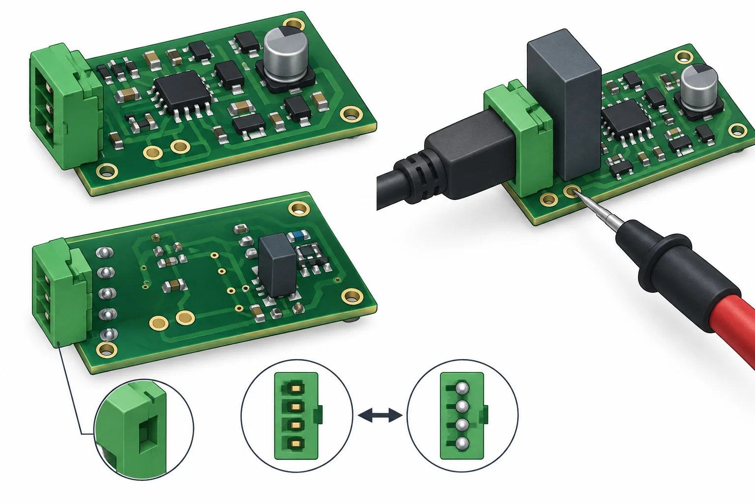 Proposta de placa com vista inferior do conector, cabo cobrindo dois pontos de teste e obstáculo na trajetória de retirada do plugue.