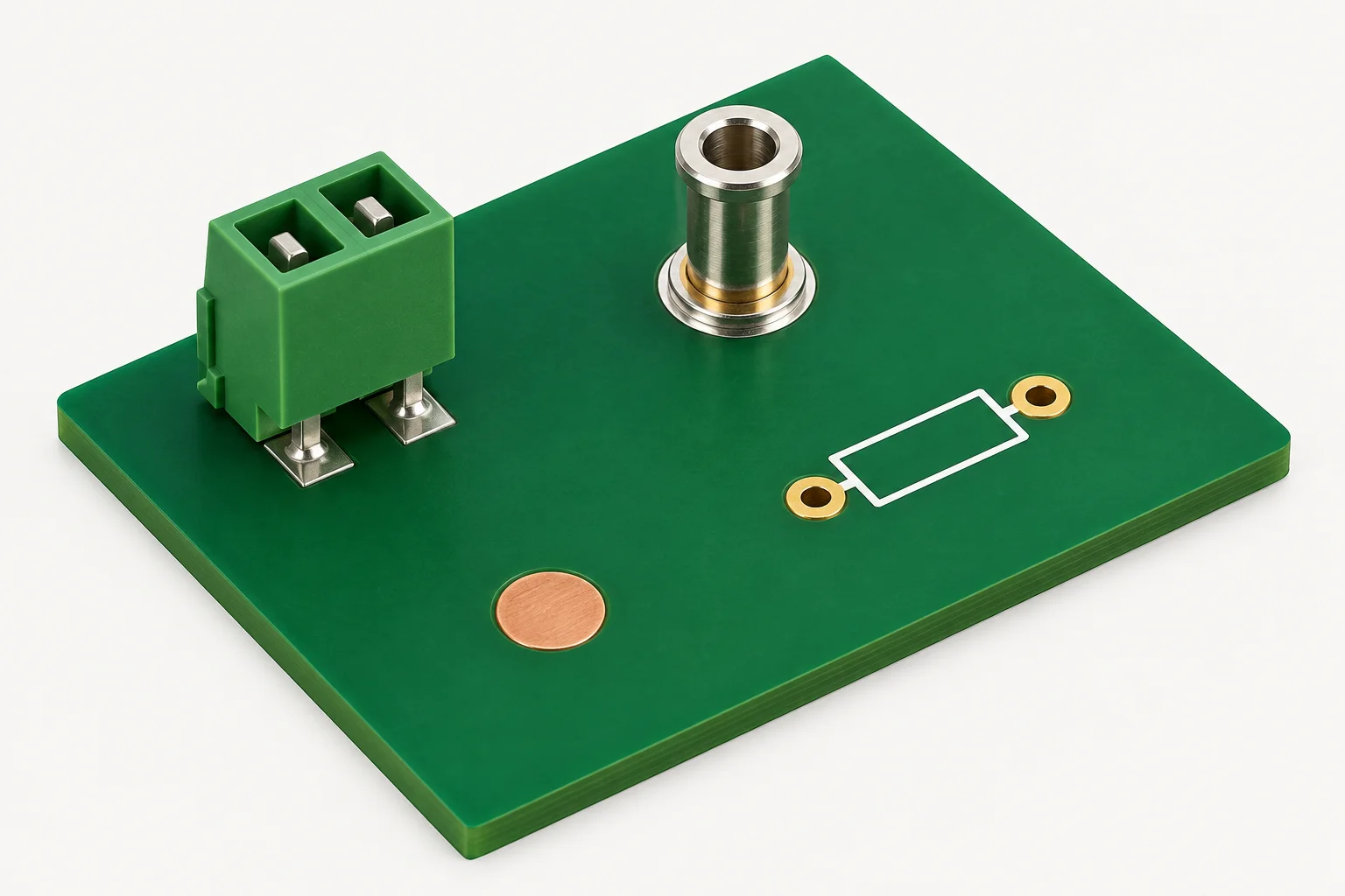 Ilustração de uma placa com conector e terminal de teste montados, um pad de teste sem peça e um footprint de resistor vazio.