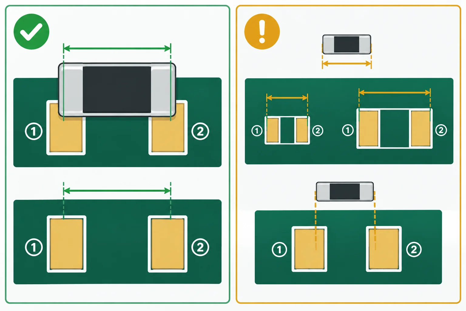 Comparação entre um resistor 0805 alinhado aos pads do footprint de R7 e um resistor 0603 com land pattern diferente.