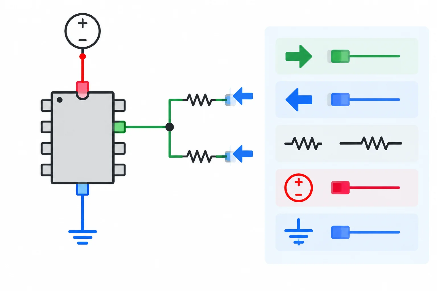 Diagrama de uma rede esquemática com pinos de saída, entrada e alimentação conectados, sobreposta por ícones que representam seus tipos elétricos.