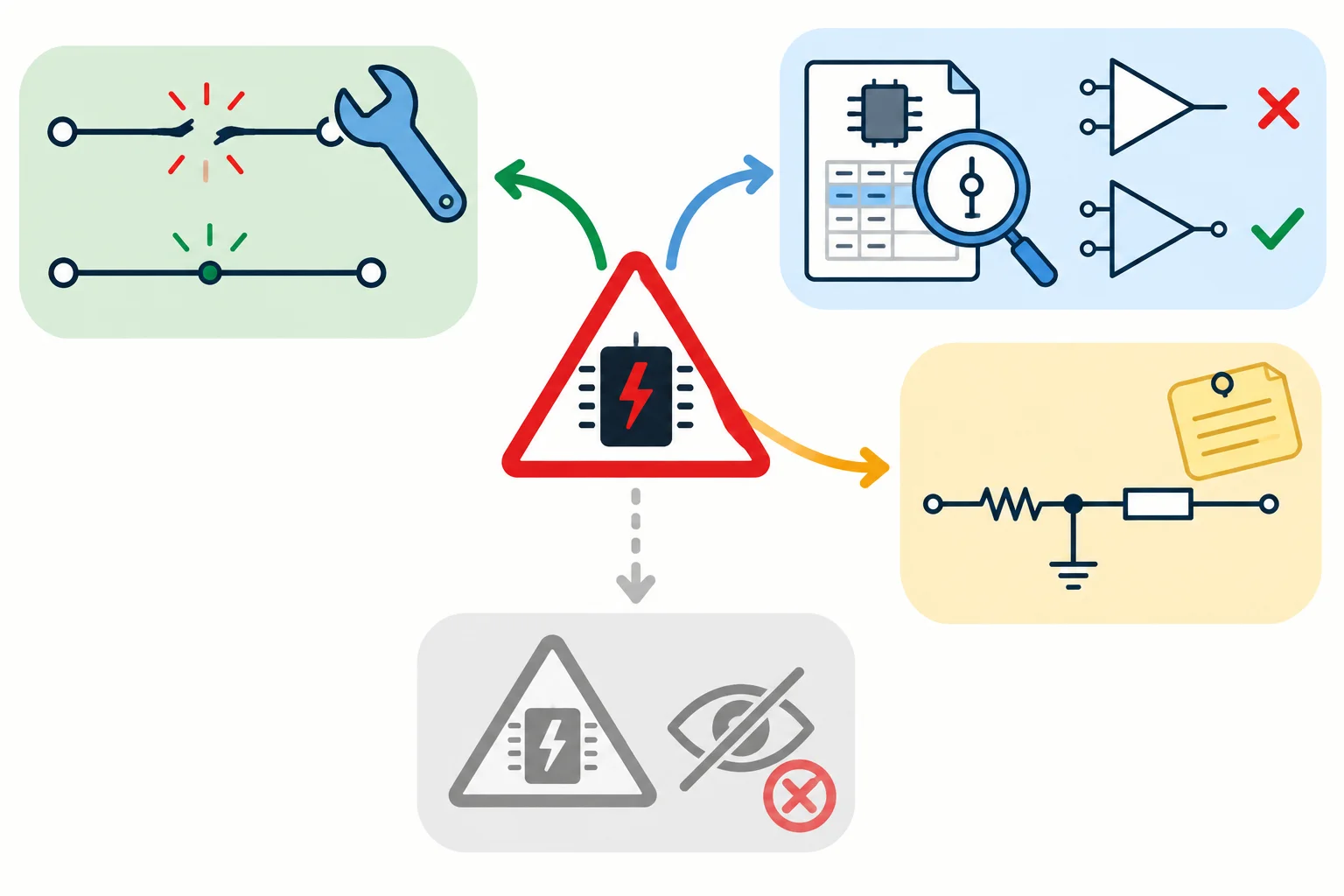 Diagrama com um alerta do ERC levando a reparar uma conexão, conferir a documentação de um símbolo ou registrar uma exceção; ocultar o alerta aparece como caminho inadequado.