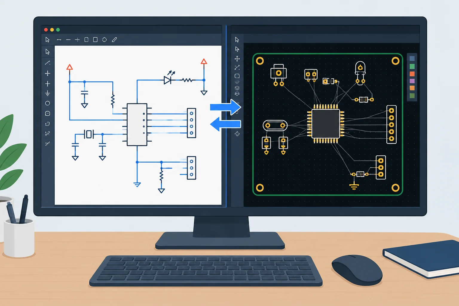 Diagrama mostrando um esquemático à esquerda e footprints correspondentes no editor de PCB à direita, ligados por uma atualização.