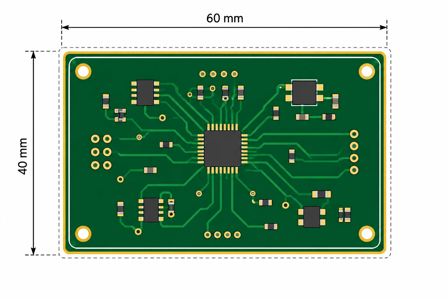 Diagrama de uma placa retangular com um único perímetro de corte, uma linha interna de serigrafia e uma linha auxiliar externa, além de cotas de 60 mm e 40 mm.