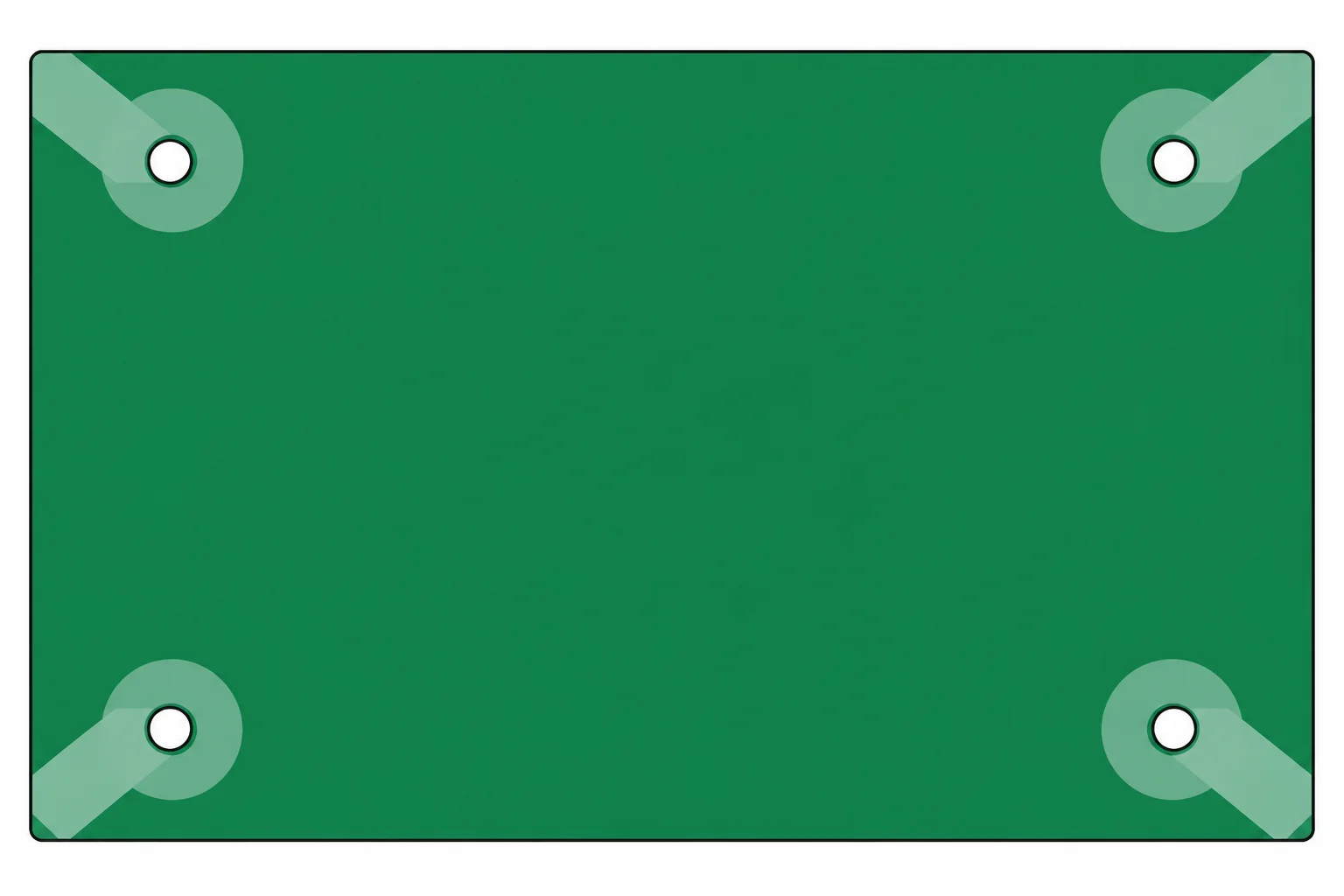 Placa retangular vazia com quatro furos de fixação próximos aos cantos, círculos maiores para a cabeça do parafuso e áreas em cunha para acesso de ferramenta.
