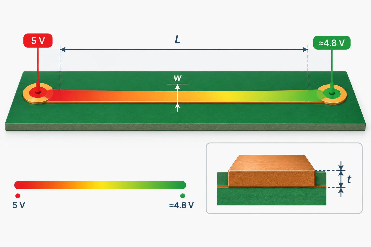Diagrama de uma trilha reta entre fonte e carga, com comprimento, largura e espessura do cobre destacados.