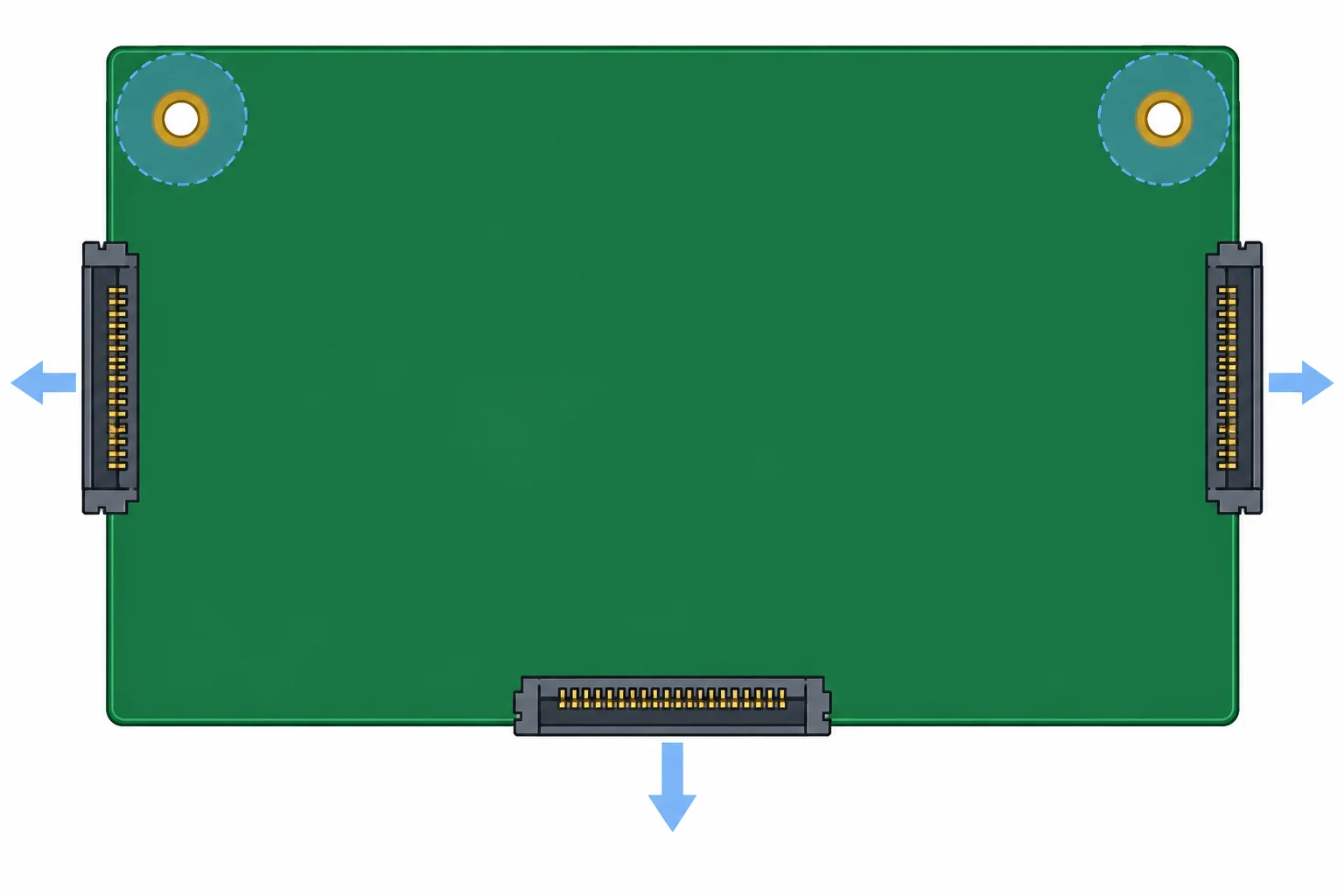 Placa retangular com três conectores nas bordas, dois furos superiores com áreas livres ao redor e área interna disponível para blocos reposicionáveis.