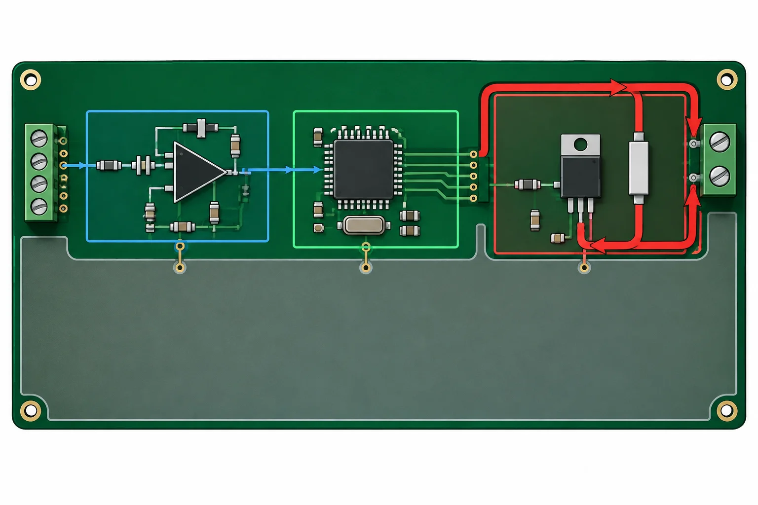 Diagrama de uma placa com entrada e condicionamento analógicos juntos à esquerda, aquisição digital ao centro e carga pulsante à direita, com o laço de corrente da carga afastado da região analógica.