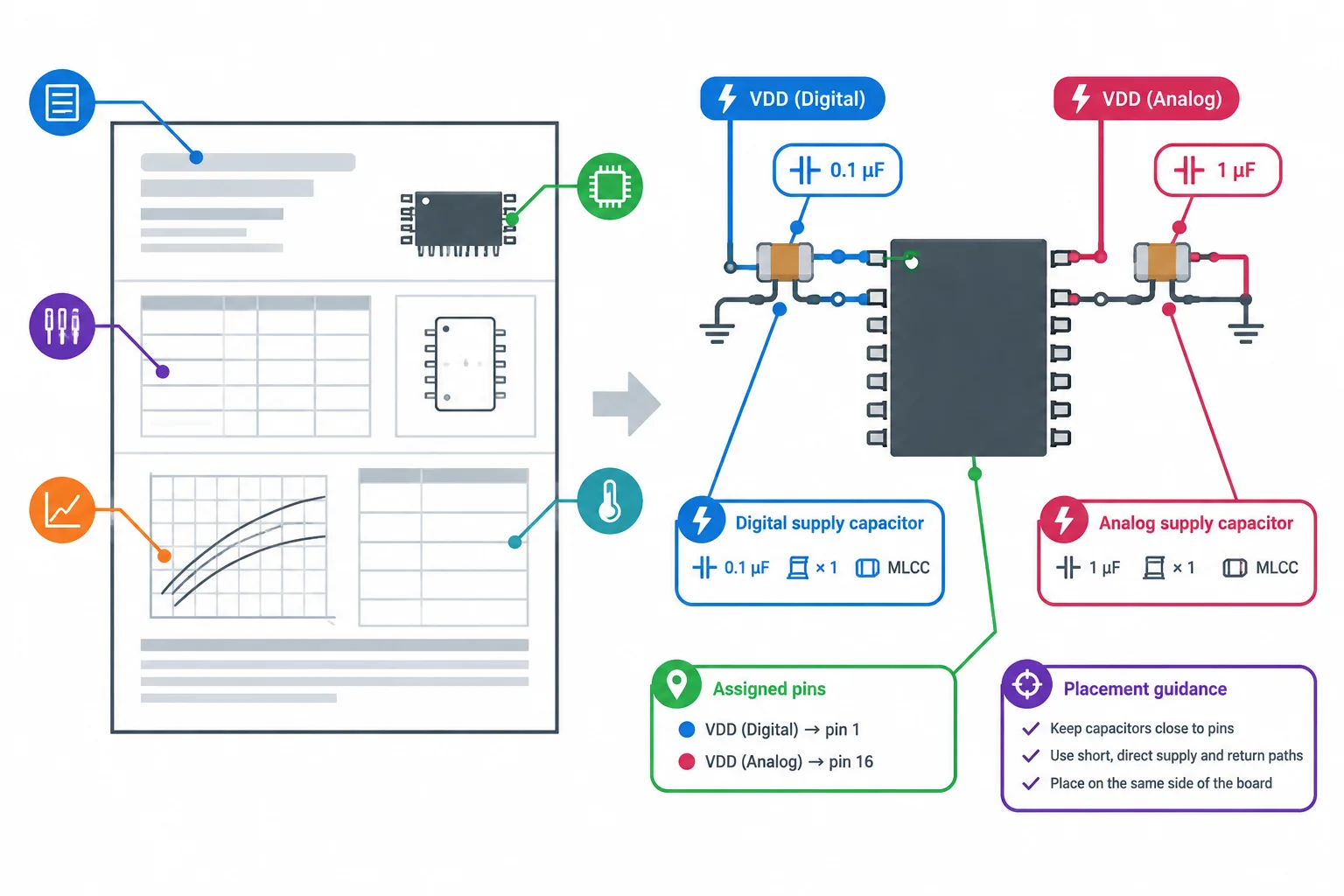 Diagrama que relaciona informações de uma recomendação de componente a capacitores próximos de pinos de alimentação específicos.
