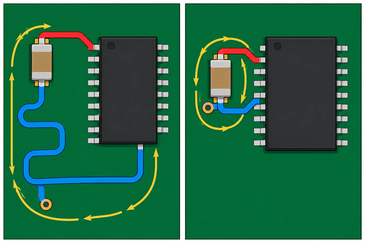 Comparação entre um capacitor próximo ao CI com retorno longo e um capacitor orientado com ida e retorno curtos.