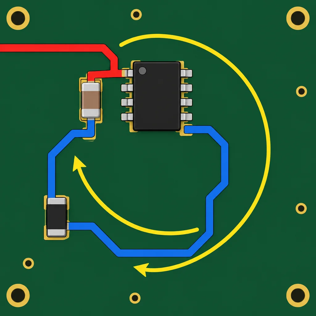 Capacitor próximo, mas retorno longo e compartilhado.