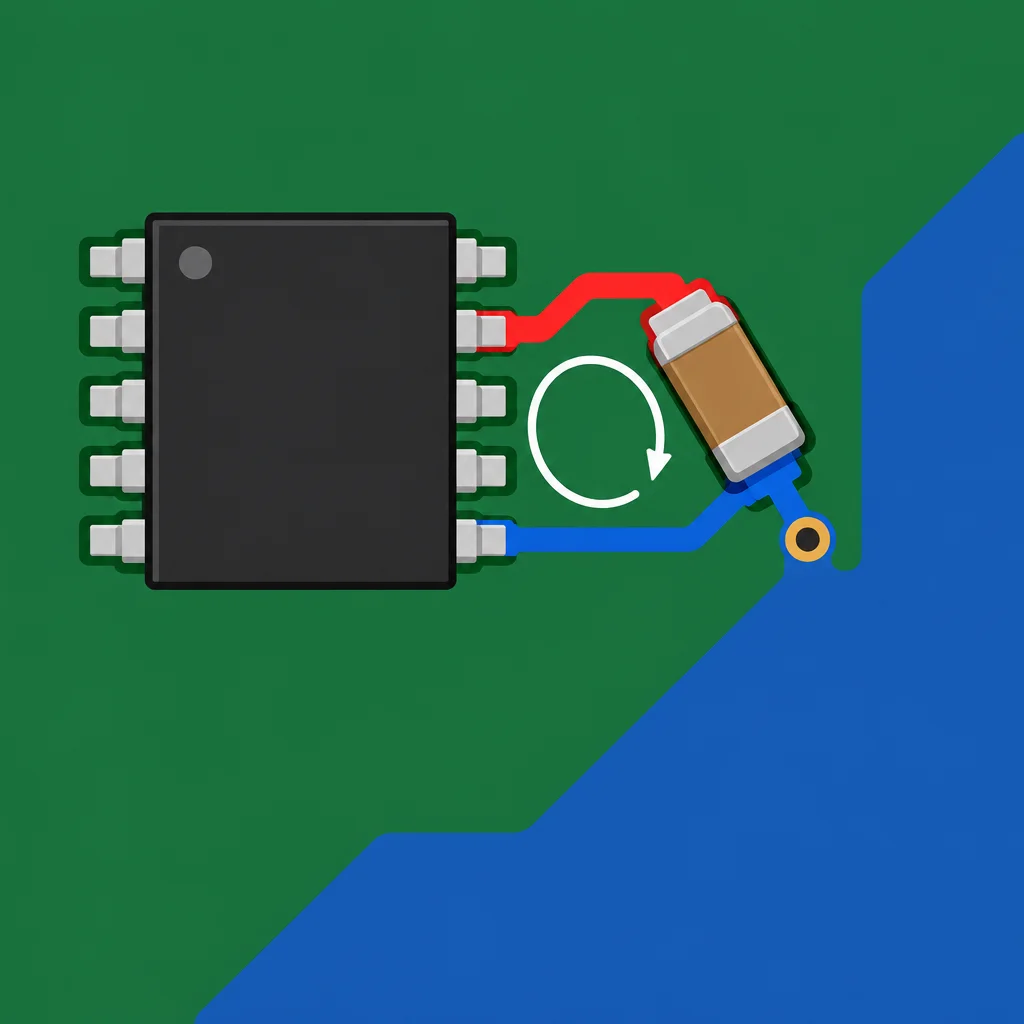 Capacitor orientado com ida e retorno diretos; via de retorno próxima quando necessária.