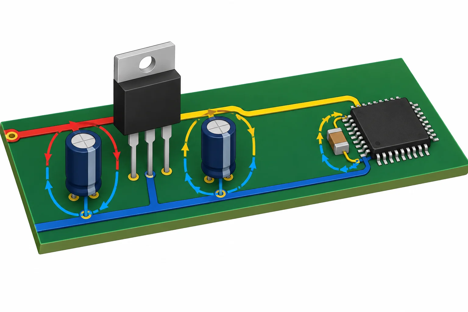 Diagrama de uma placa com capacitores junto ao regulador e um capacitor local junto a um circuito integrado alimentado por ele.