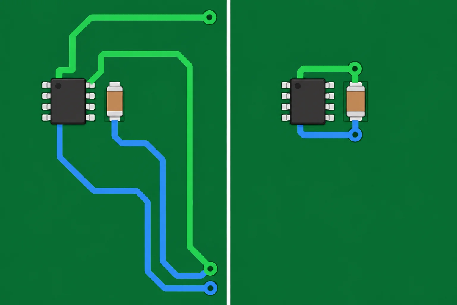 Comparação entre um capacitor visualmente próximo, mas conectado por um desvio longo, e outro com conexões curtas de alimentação e retorno.