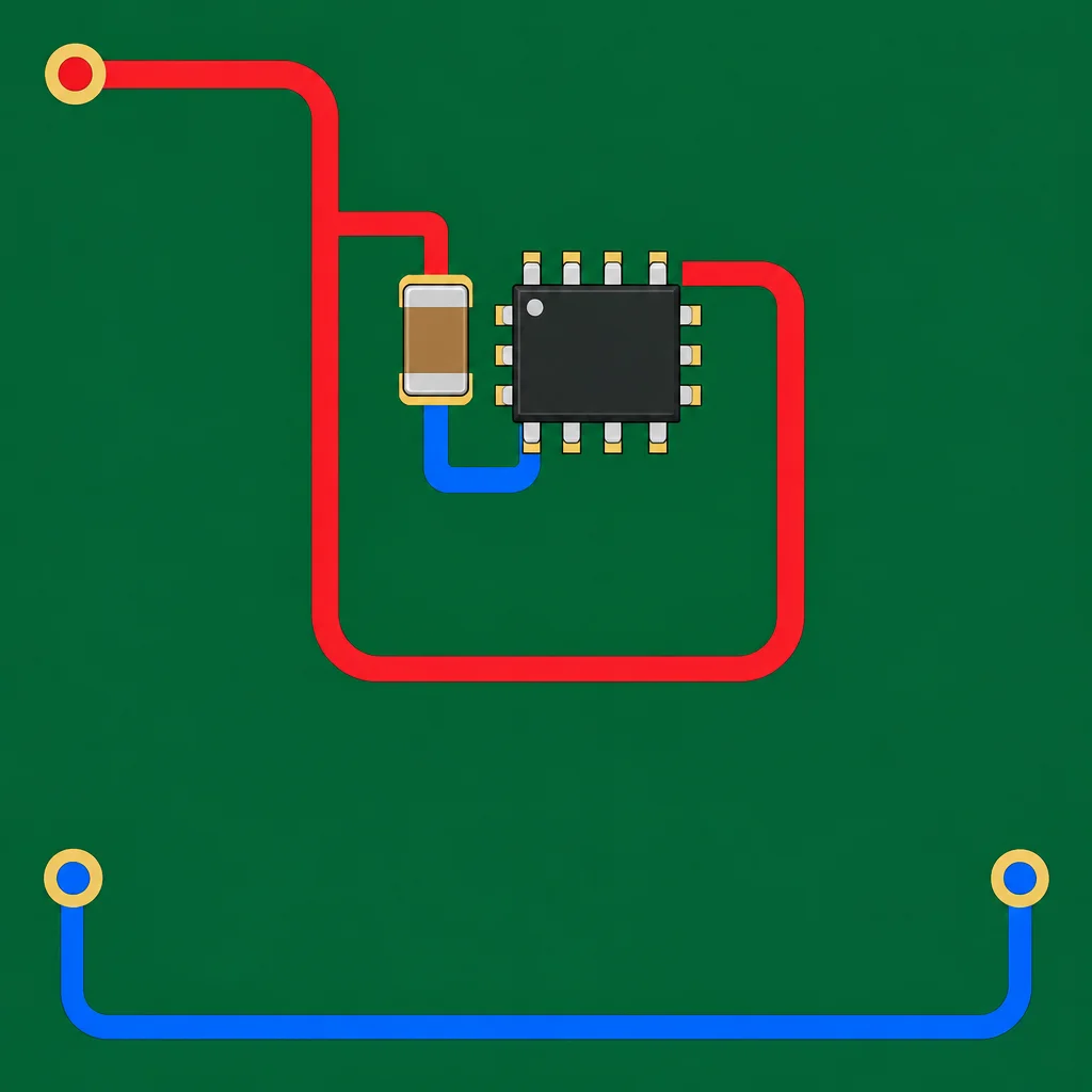 Capacitor próximo, mas com desvio e vias afastadas.