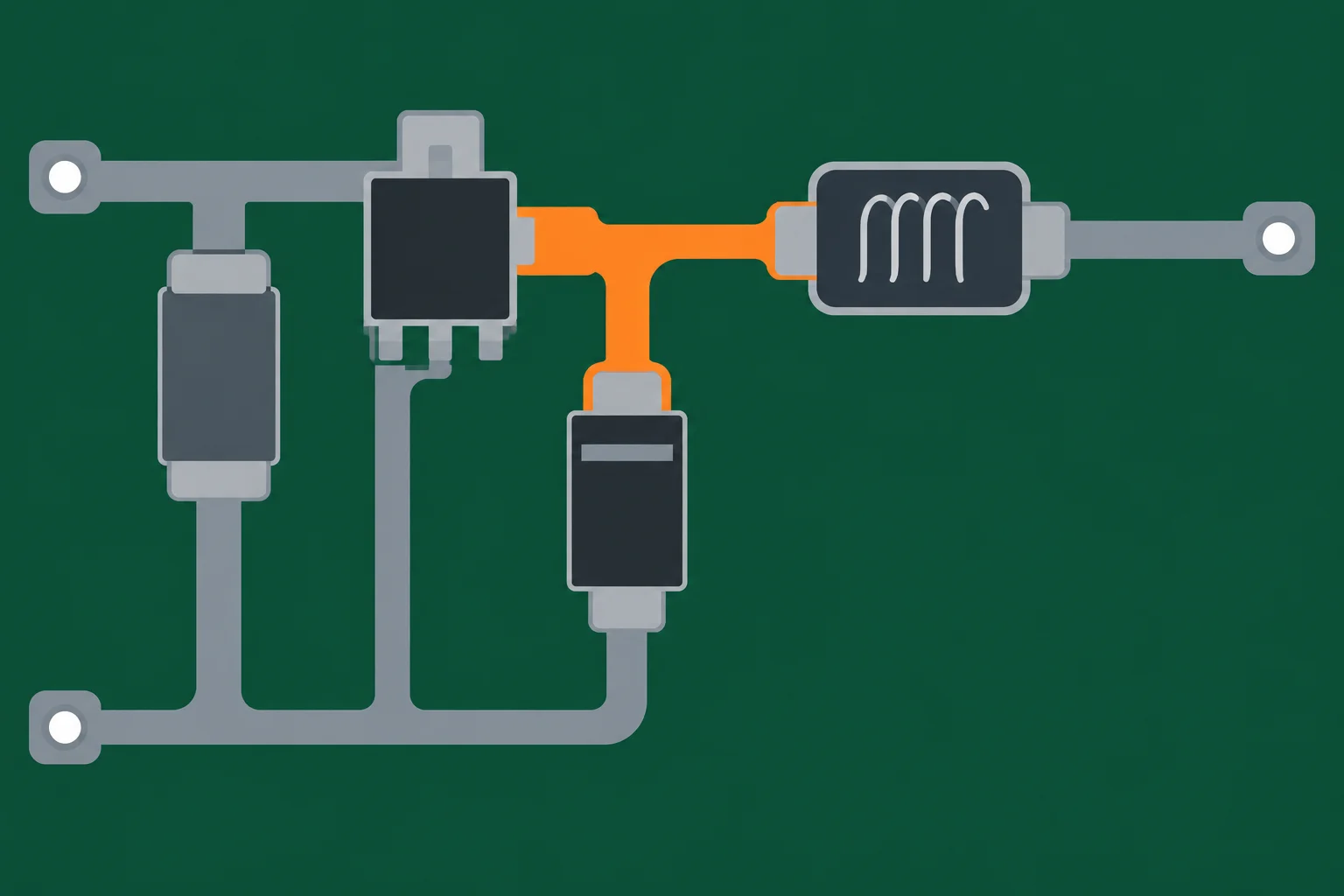 Diagrama de placa mostrando uma região compacta de cobre que une a chave, o cátodo do diodo e a entrada do indutor.