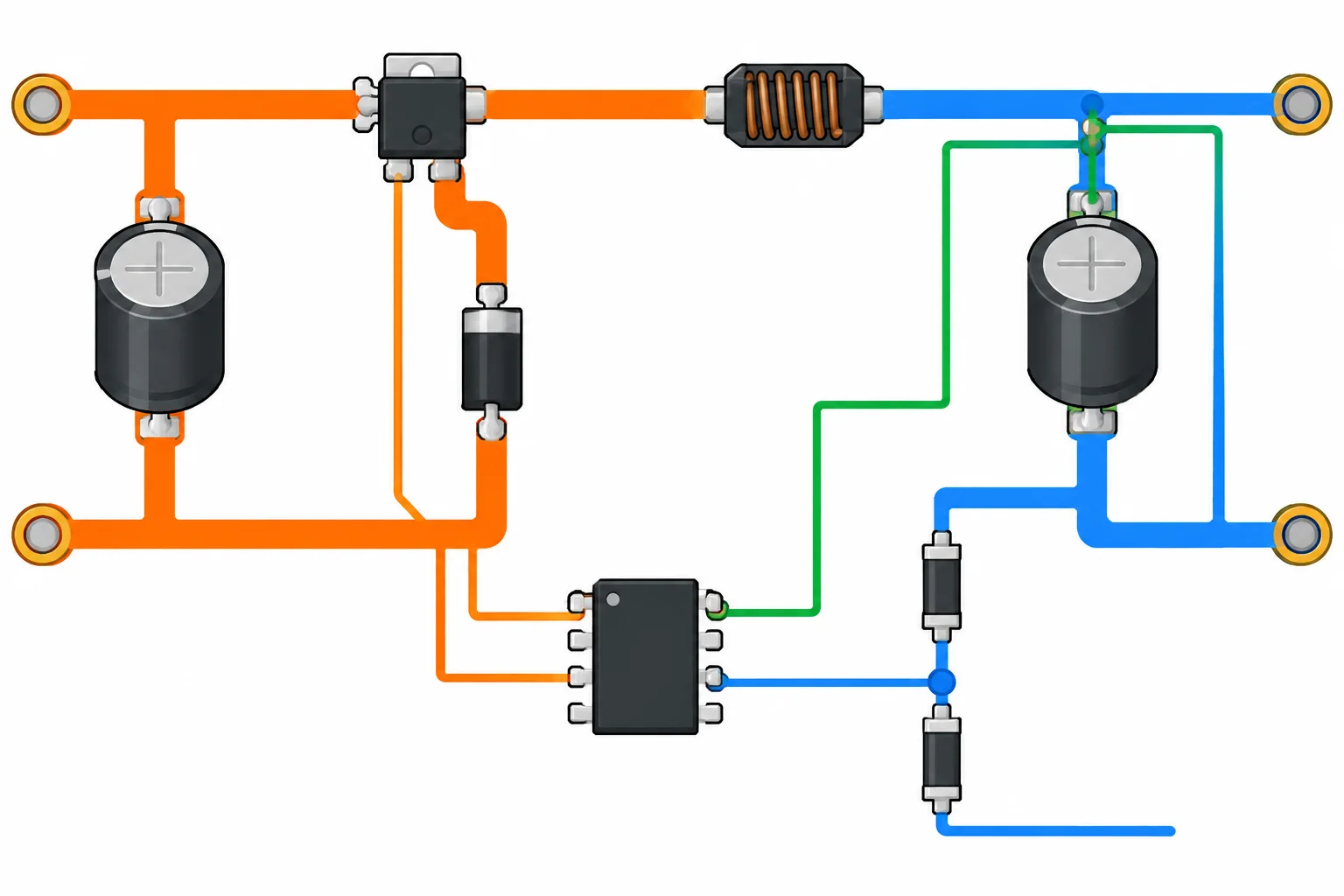 Diagrama de um buck em que uma trilha fina de sensoriamento sai do positivo do capacitor de saída, após o indutor, e chega ao divisor próximo ao controlador, afastada do laço de comutação.