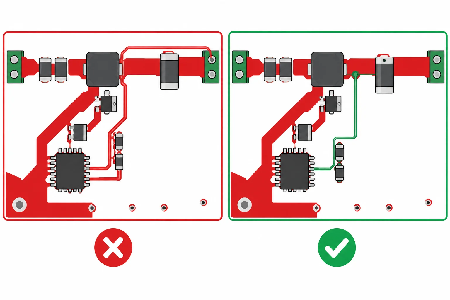 Comparação entre uma tomada de FB em trecho de potência longo e uma tomada junto ao capacitor de saída com divisor próximo ao pino FB.