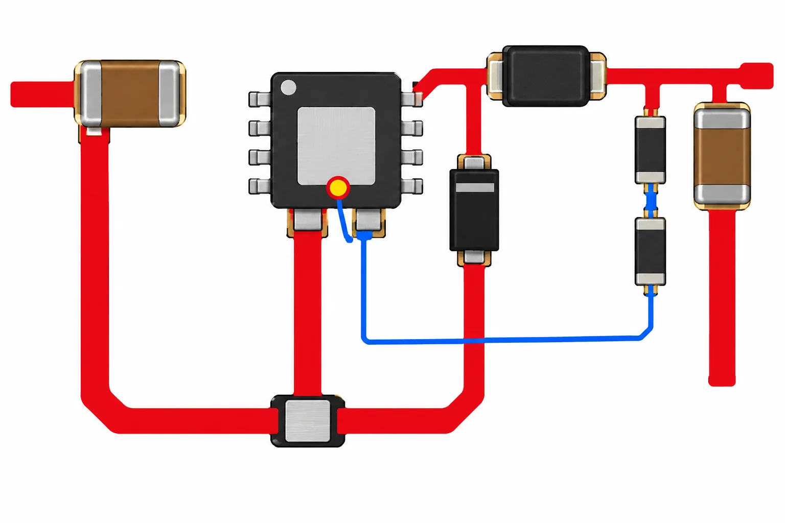 Diagrama de um buck em que o retorno de potência, em vermelho, fica local entre capacitor de entrada, diodo e PGND; o retorno do divisor, em azul, chega separadamente a AGND. Os dois se unem em um único ponto indicado junto ao CI.