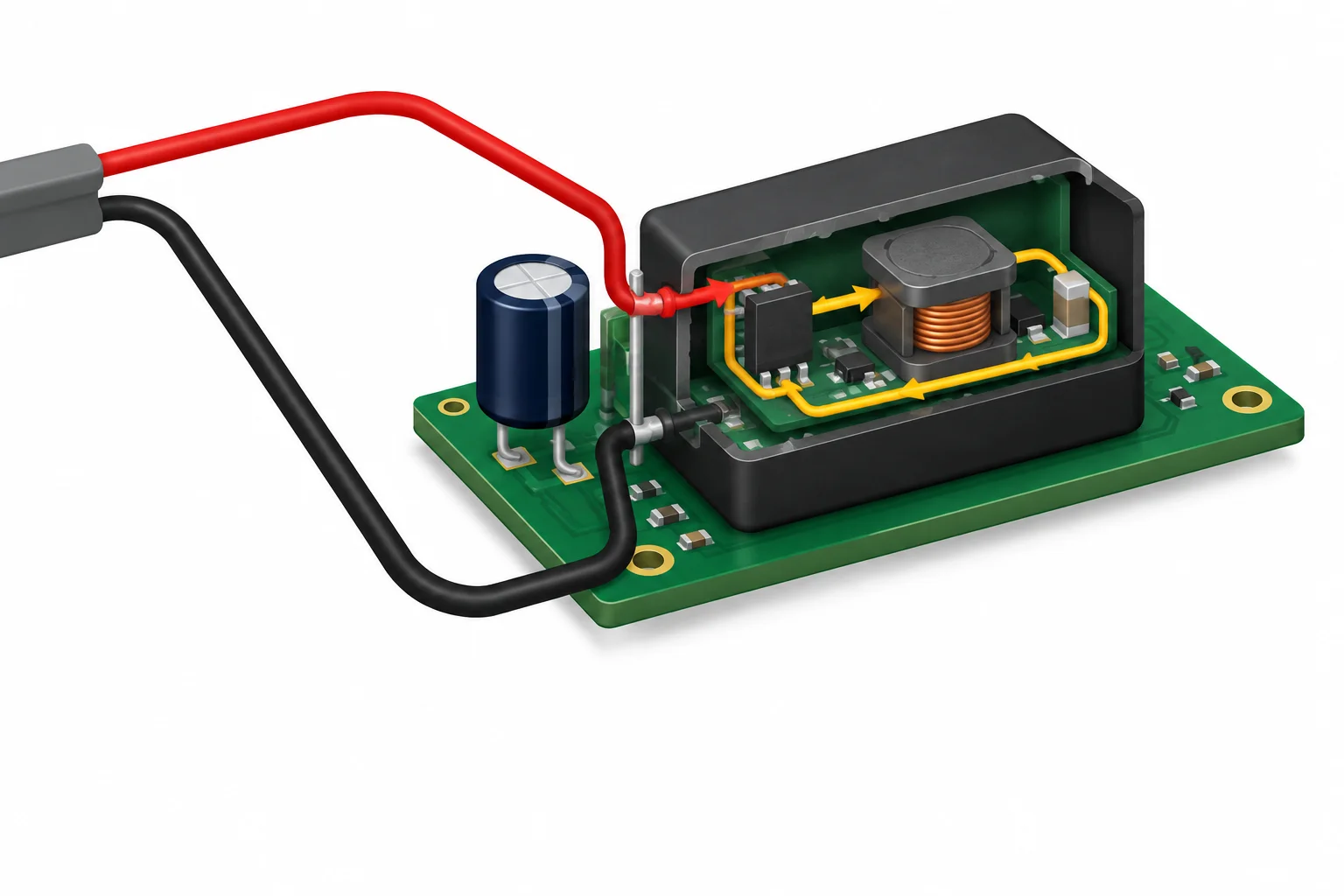 Diagrama de um módulo buck com laço interno compacto e capacitor de entrada externo ligado aos pinos de entrada e retorno.